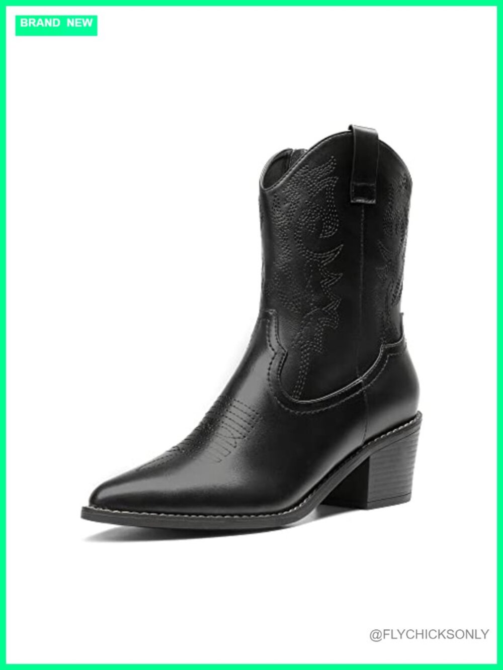 Pointed Toe Chunky Heel Western Ankle Boots Pull-On Stitched